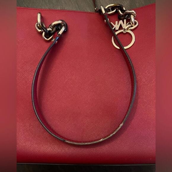 Michael Kors Women’s Leather Tote Bag Burgundy Red Gold Chain Shoulder Purse - Picture 7 of 9